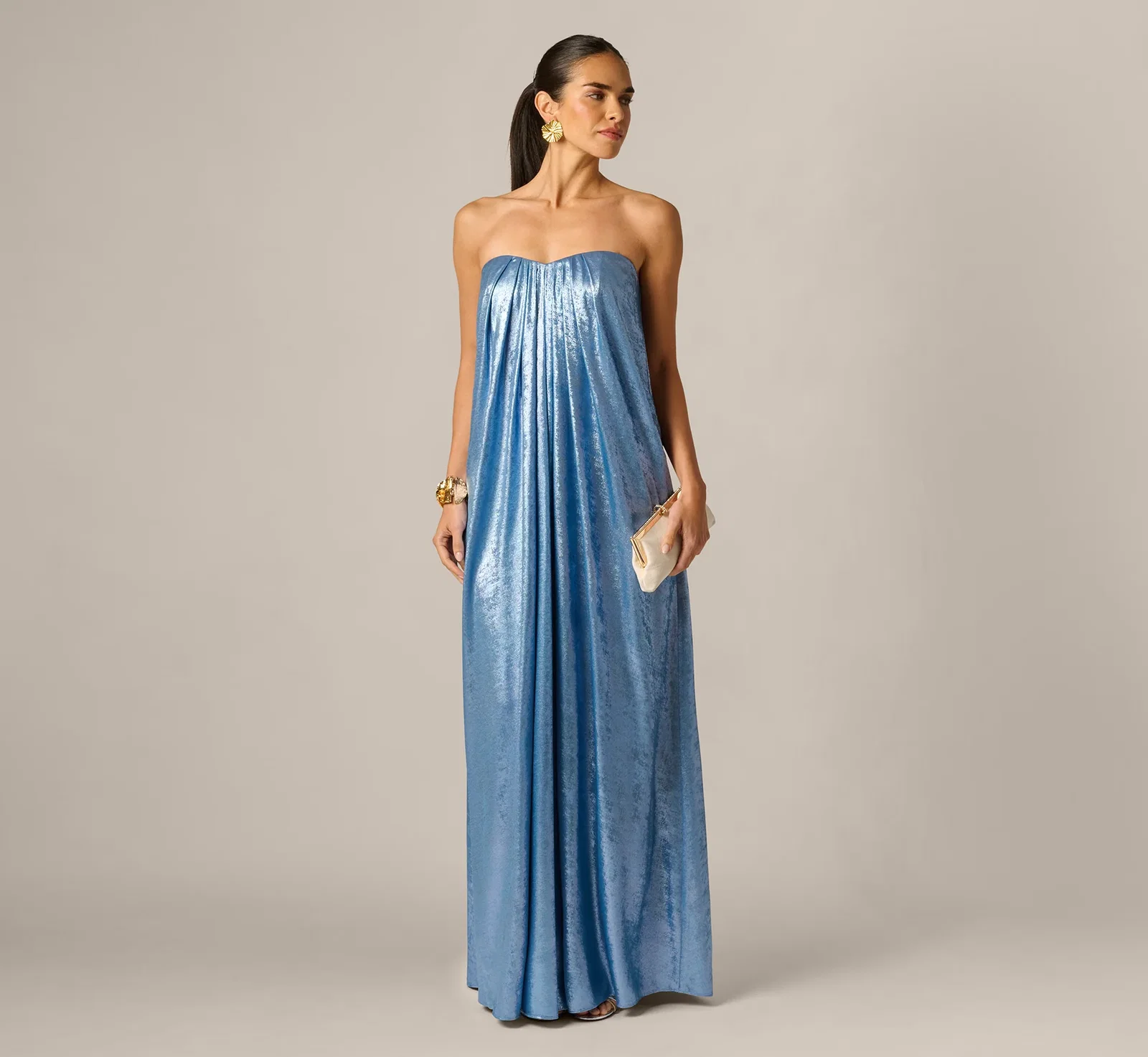 Image of Strapless Foil Chiffon Trapeze Gown In Azure Blue