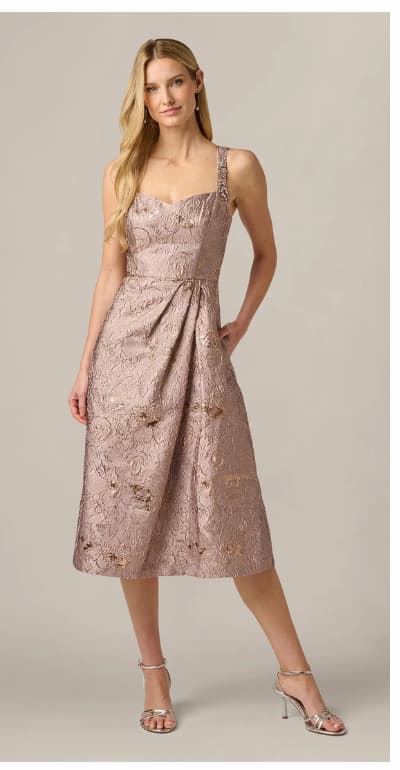 Metallic Jacquard Rhinestone Strap Midi Dress In Candied Ginger
