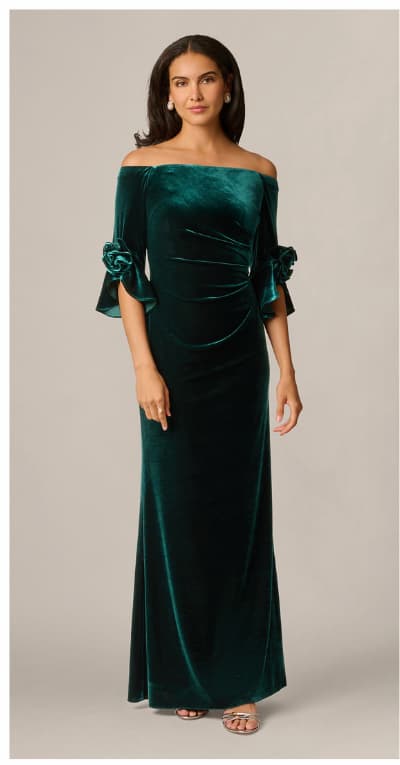 Bell Sleeve Off Shoulder Stretch Velvet Rosette Gown In Hunter