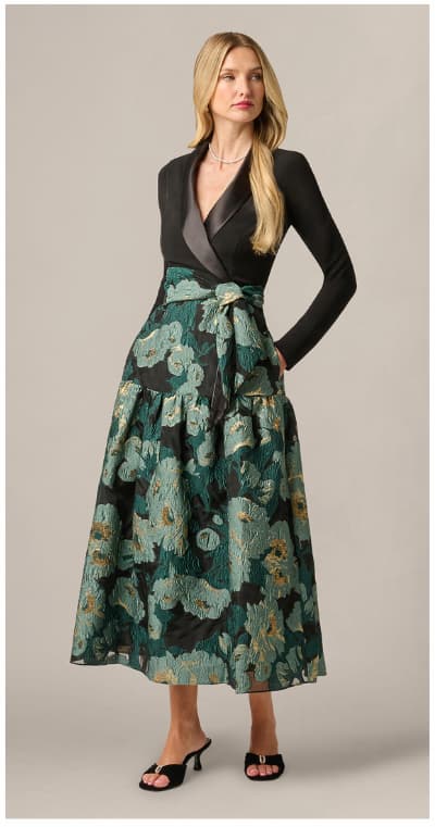 Long Sleeve Jacquard Tuxedo Ankle Length Combo Dress In Black Emerald