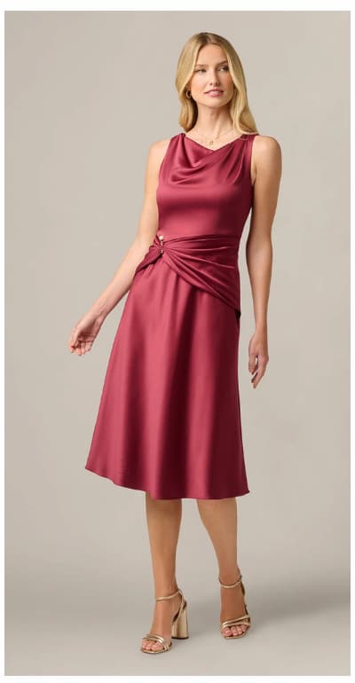 Satin Cowl Neck Draped Midi Dress In Crimson Haze