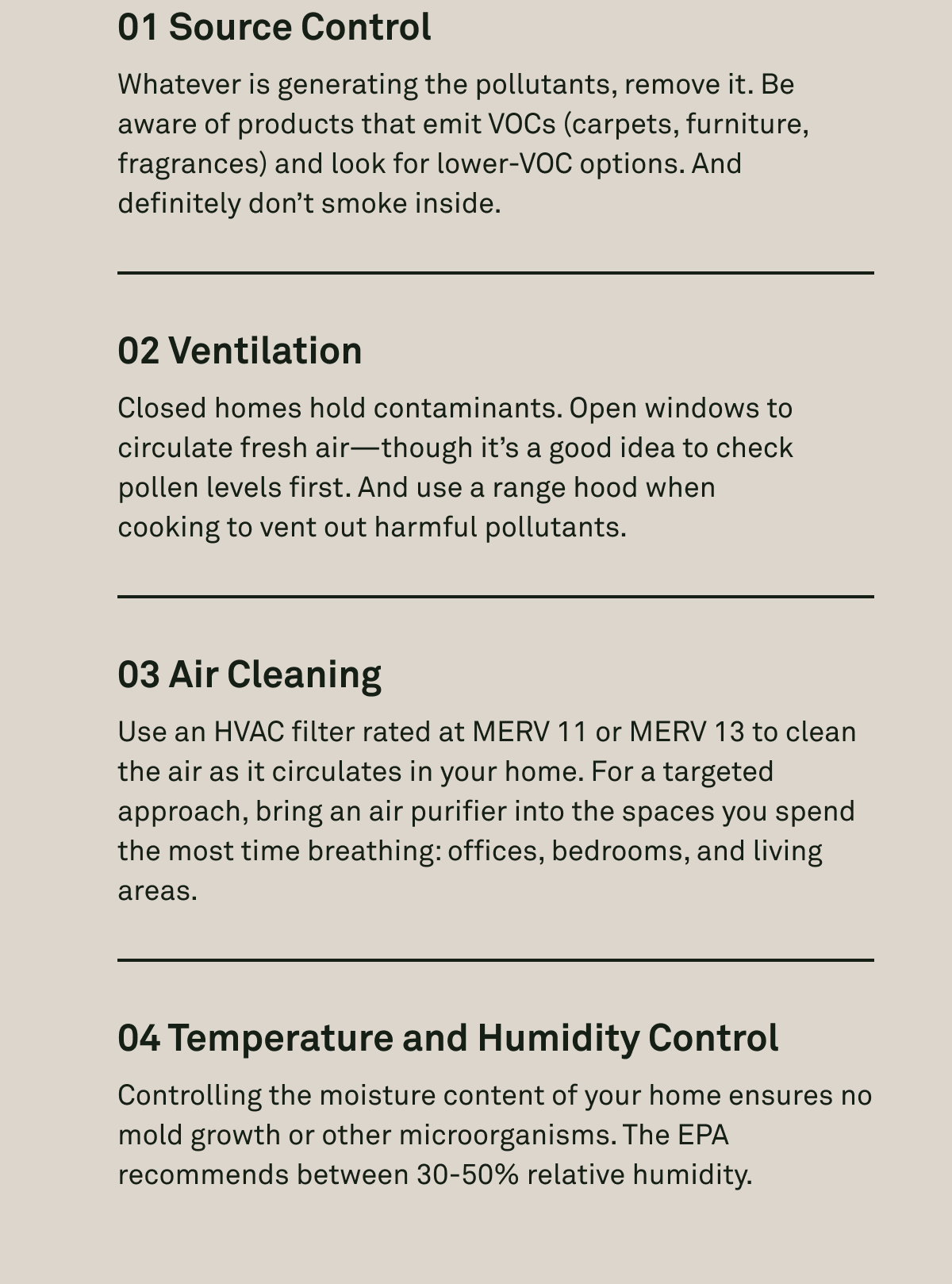 Tips to keep your indoor air clean: source control, ventilation, air cleaning, and temperature and humidity control
