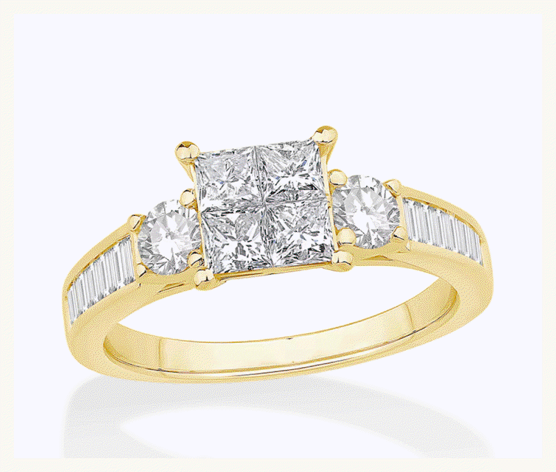 Rotating images of different metal eternity bands & diverse shaped diamond rings, flanked by diamonds.