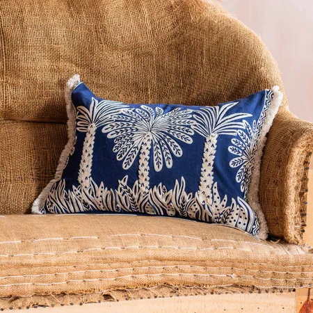 Palm Indigo Linen Rectangular Cushion with Frill Trim