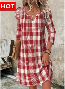 Red Tummy Coverage Plaid Short Long Sleeve Dress