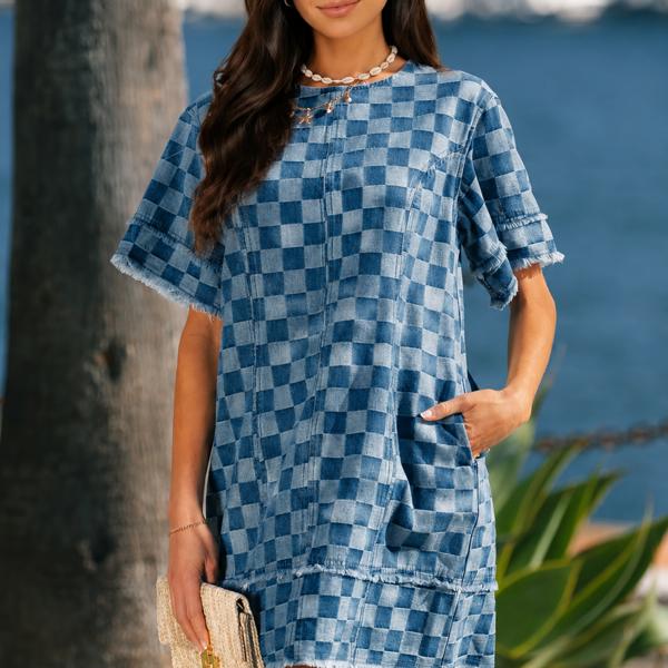Denim Checkboard Breeze Shift Dress