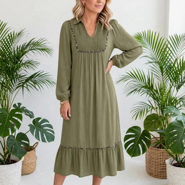 Collared V-Neck Leopard Trim Maxi Dress | S-XL