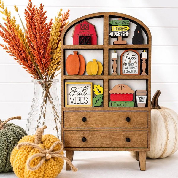Fall Hutch Decor with Interchangeable Mini Signs | Wooden Autumn Hutch Shelf Sitter | Farmhouse Pumpkin Decor | Tiered Tray Decor