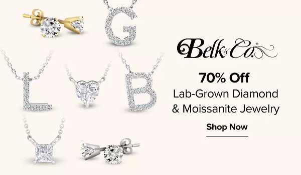 Image of a mix of studs earrings and necklace pendants. Belk & Co. logo. 70% off lab-grown diamond & moissanite jewelry. Shop now.