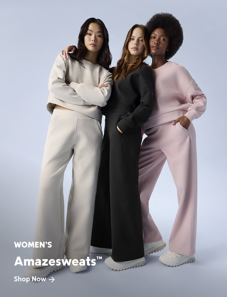 Three women wearing sweat sets against a grey background with text: Women's Amazesweats™