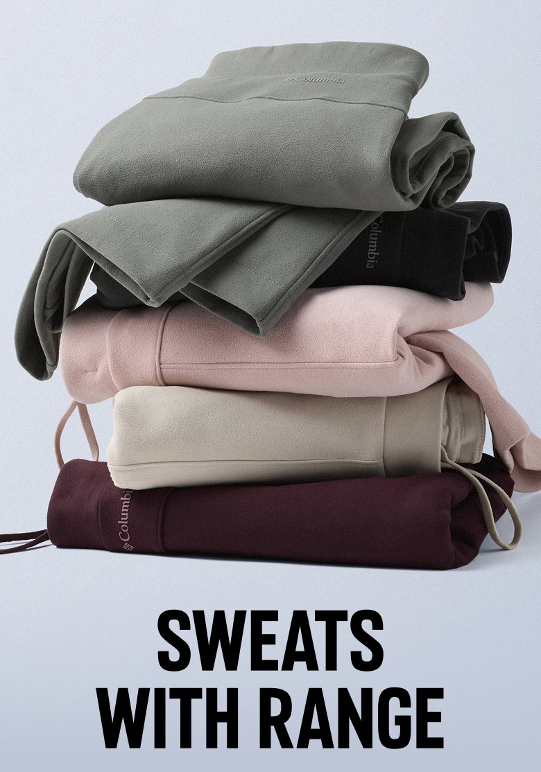 A stack of colorful sweats against a gray background with text: SWEATS WITH RANGE