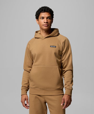 Flatlay of a brown and black hoodie against a grey background.