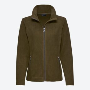 Fleecejacke, oliv, Reißverschluss, Stehkragen, zwei Seitentaschen, Produktansicht, Vorderansicht