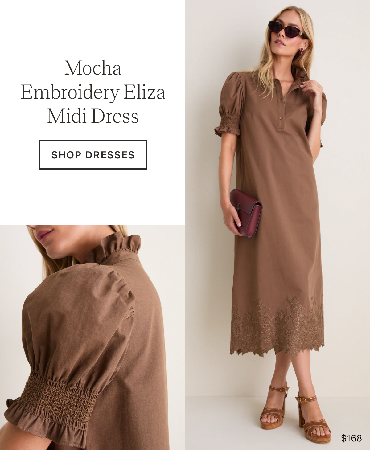 Mocha Embroidery Eliza Midi Dress