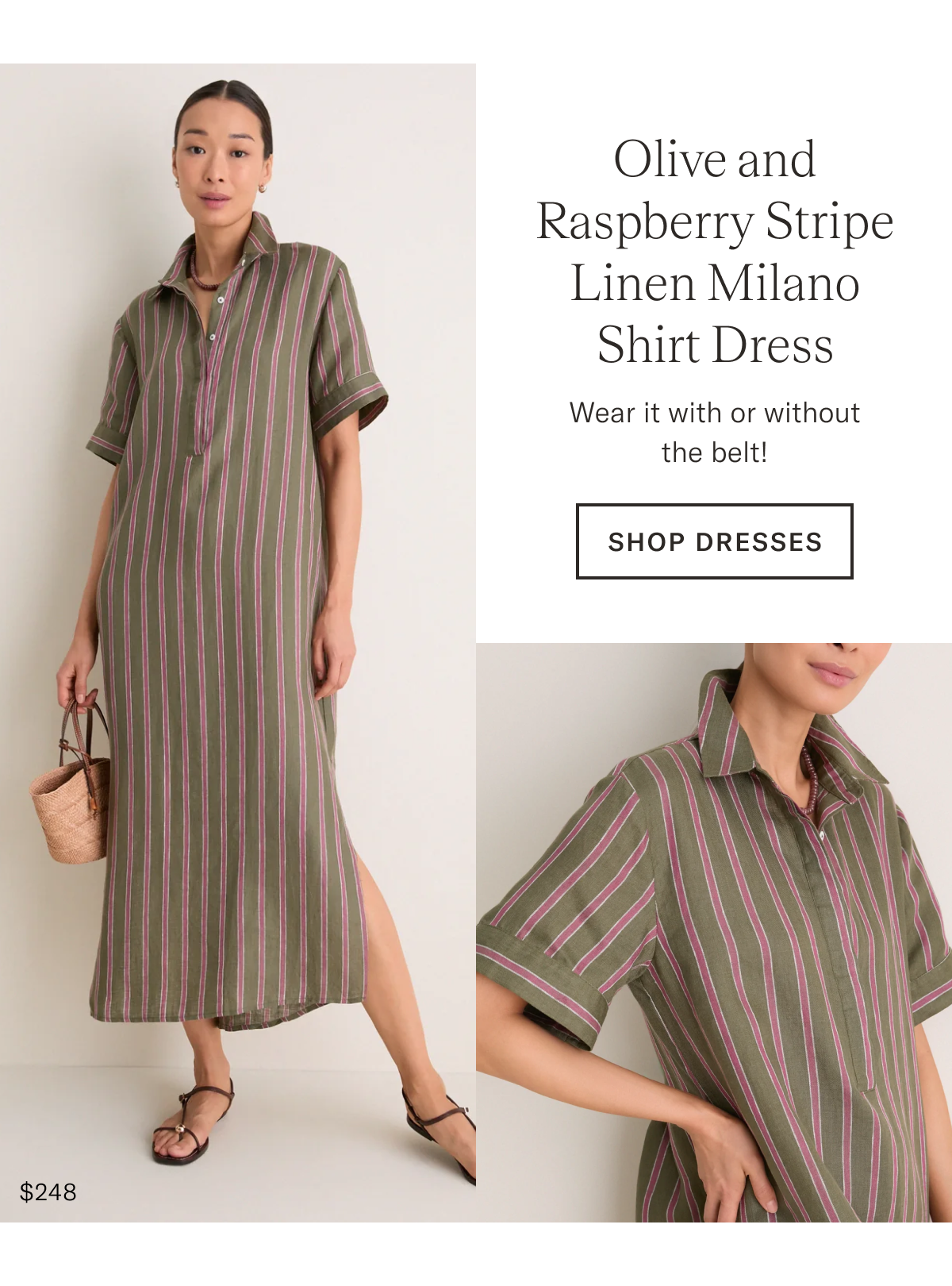 Olive and Raspberry Stripe Linen Milano Shirt Dress