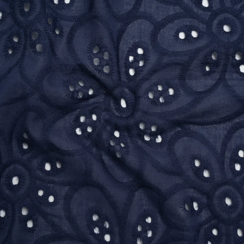 Image of Embroidered Eyelet Cotton Voile - Medieval Blue Big Flowers - Naomi Collection