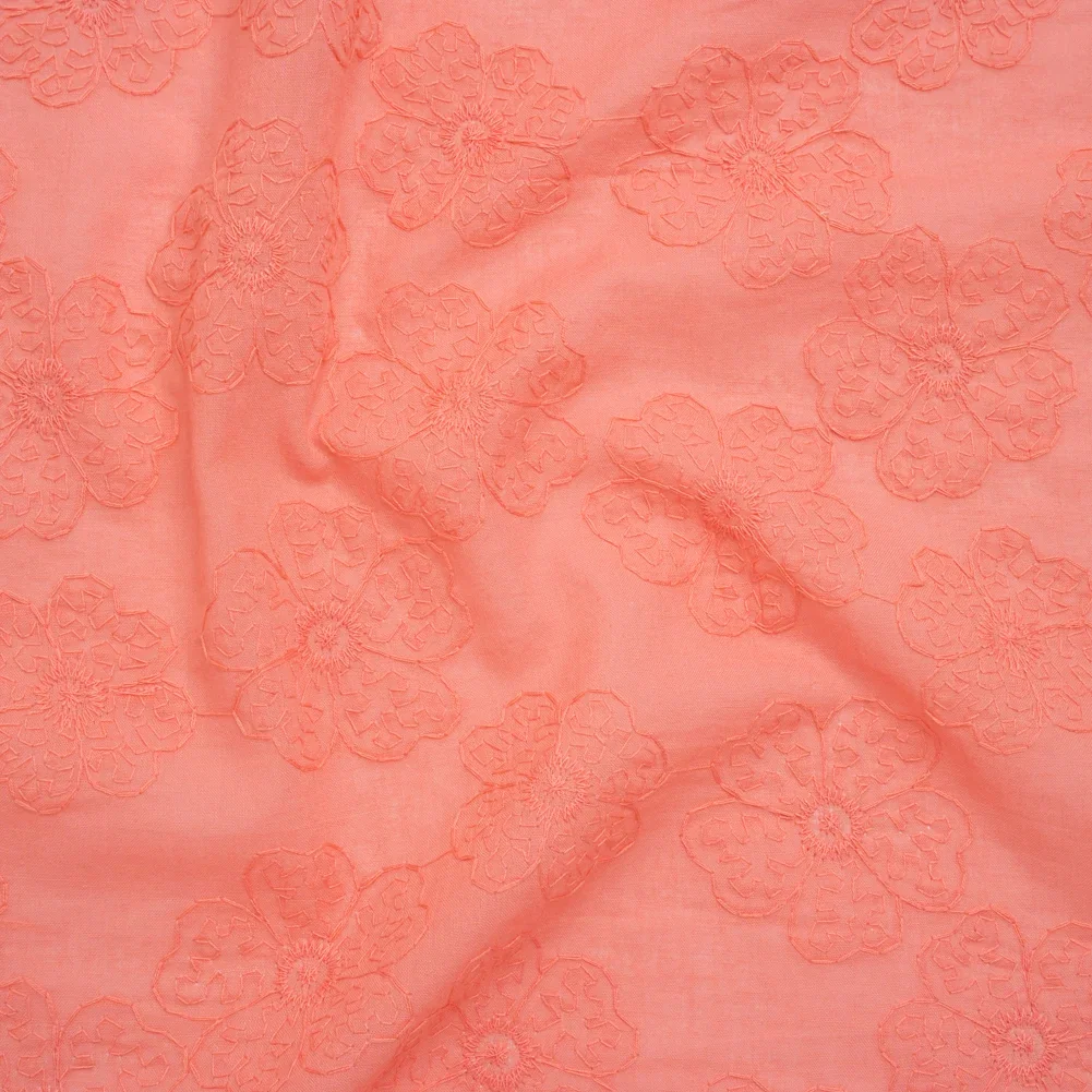 Image of Embroidered Eyelet Cotton Voile - Warm Coral Big Tossed Flowers - Naomi Collection