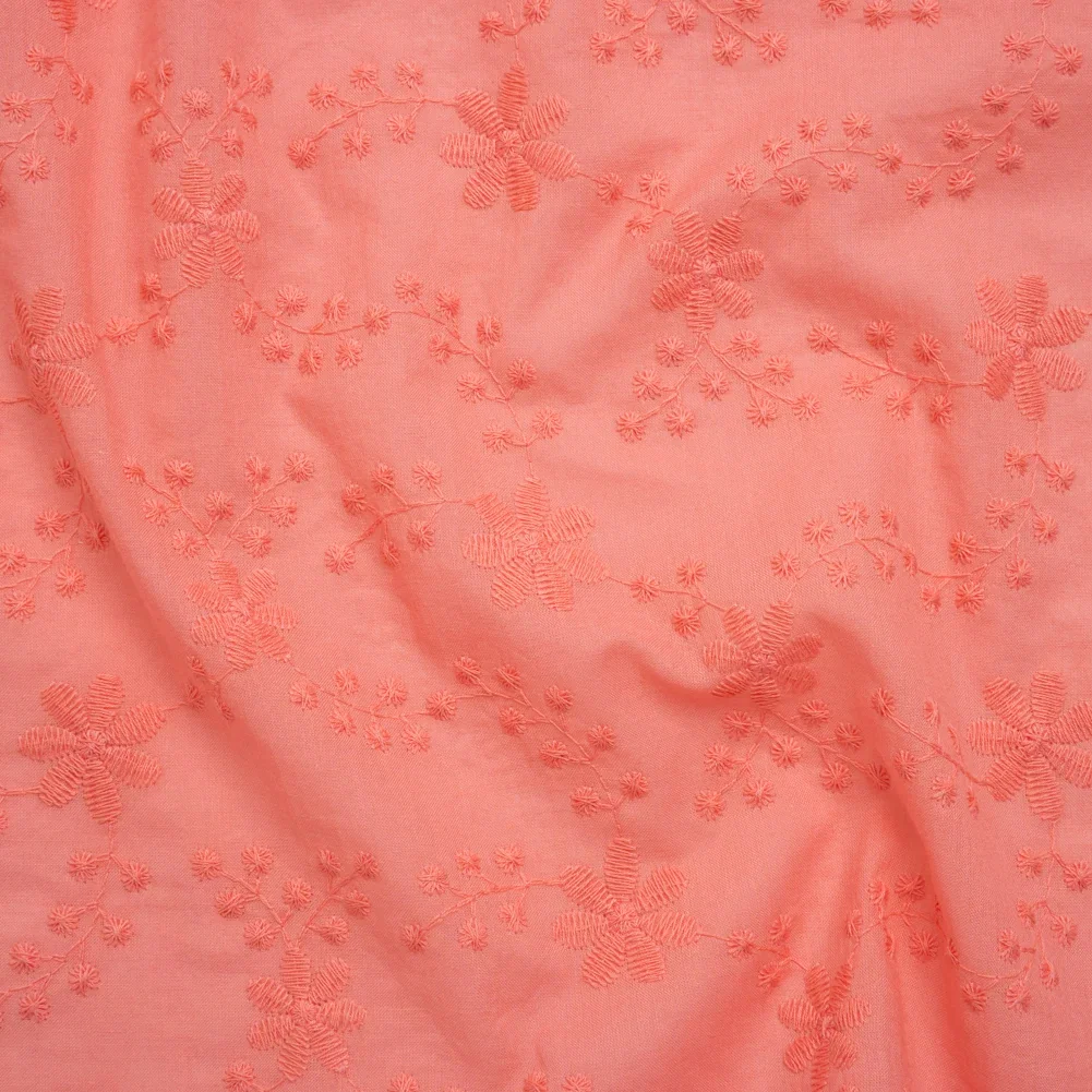 Image of Embroidered Eyelet Cotton Voile - Warm Coral Flowers on Branches - Naomi Collection