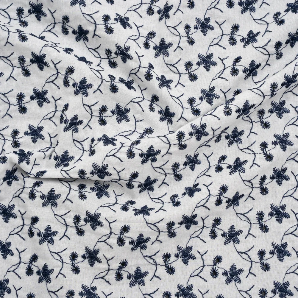 Image of Embroidered Eyelet Cotton Voile - Navy Blue and White Little Flowers - Designer Deadstock