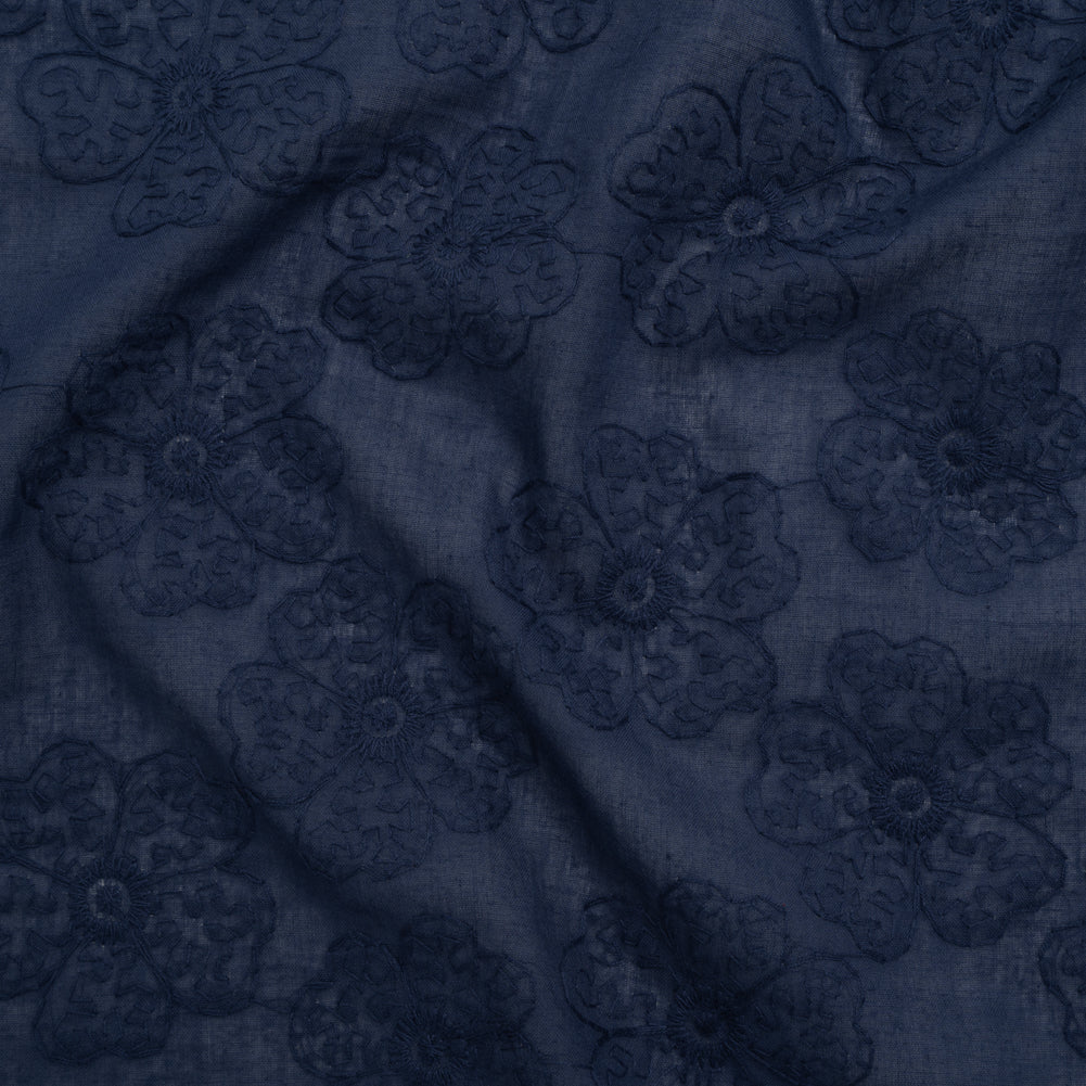 Image of Embroidered Eyelet Cotton Voile - Medieval Blue Big Tossed Flowers - Naomi Collection