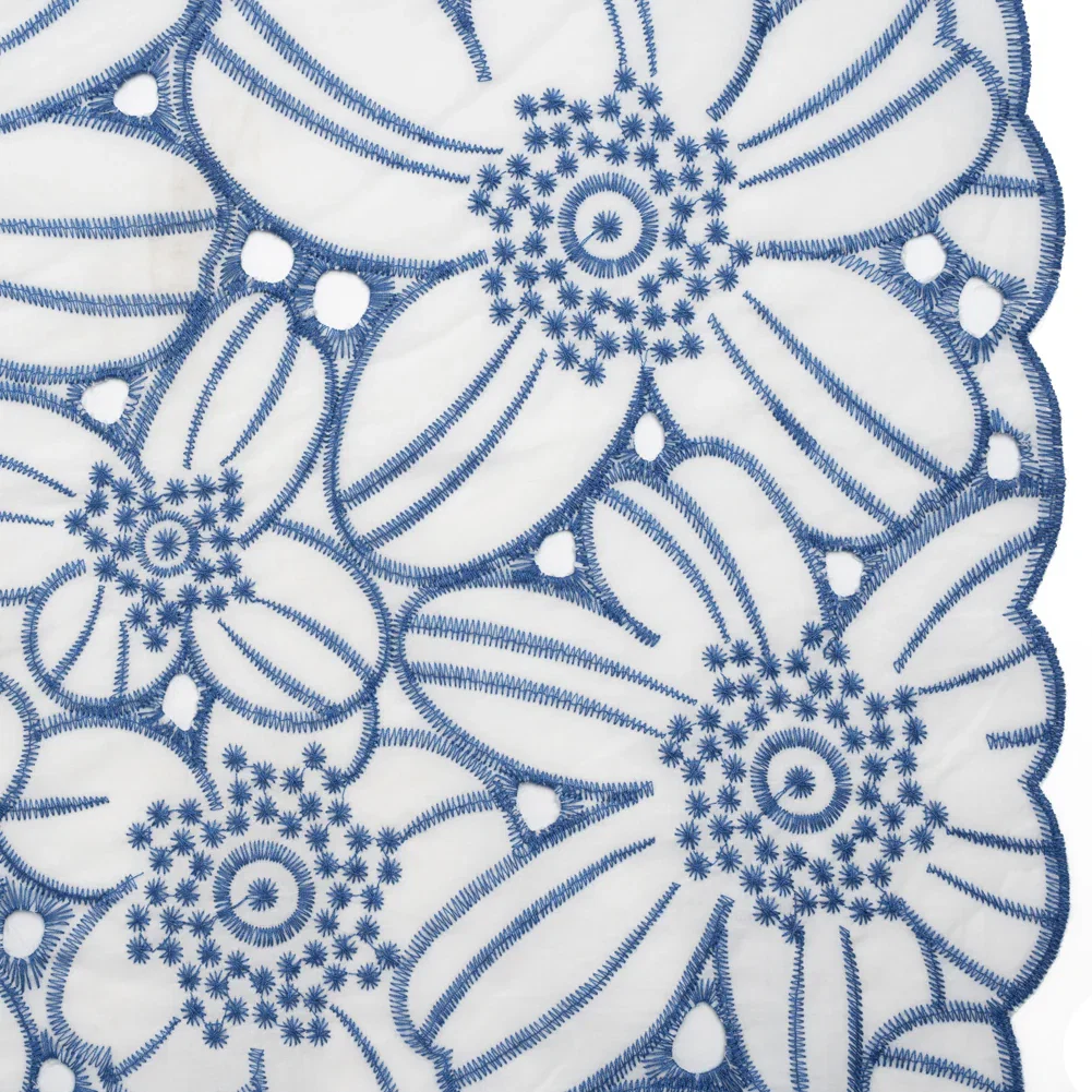Image of Embroidered Eyelet Cotton Voile with Scalloped Edges - Country Blue and White Florals - Designer Deadstock
