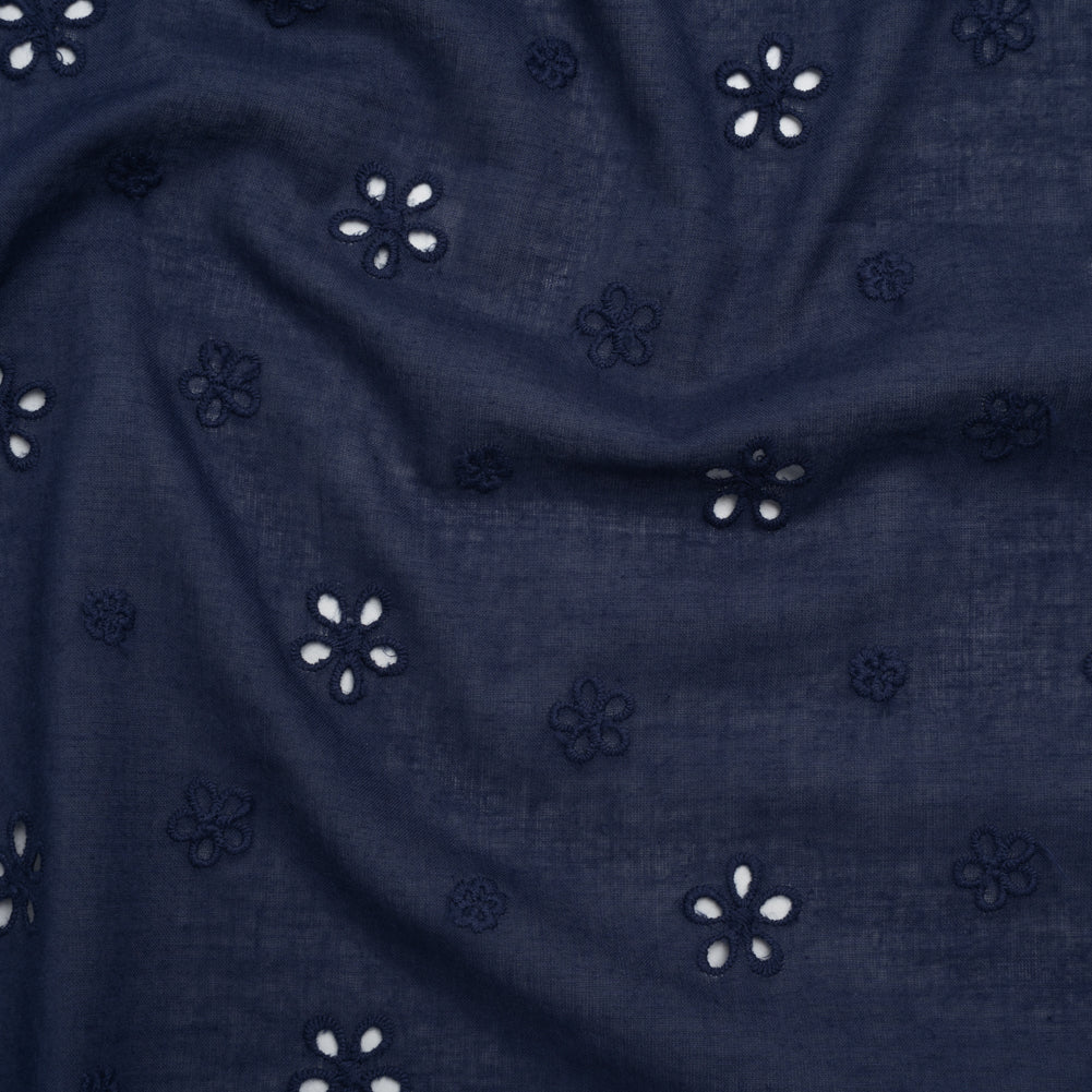 Image of Embroidered Eyelet Cotton Voile - Medieval Blue Floating Flowers - Naomi Collection