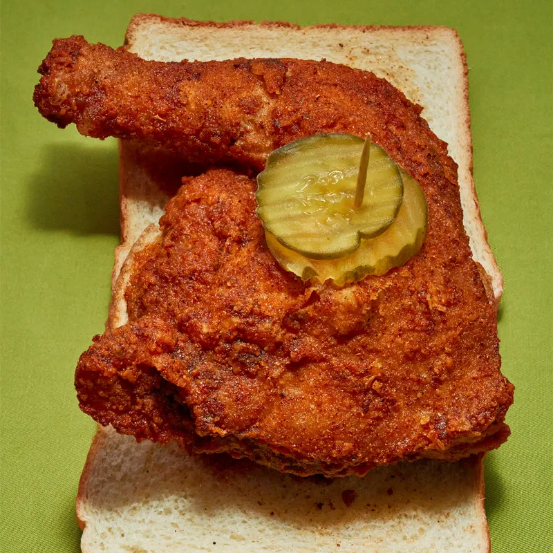 Image may contain: Chicken, Pickle, Bread, and Food