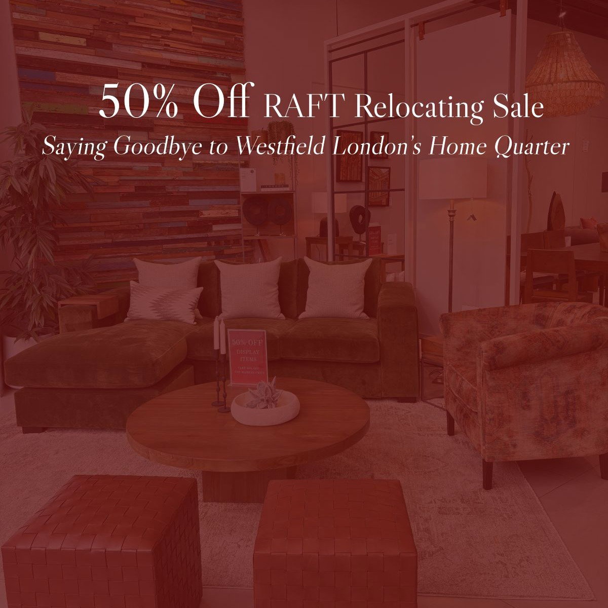 Red sale banner for Raft relocation sale. 