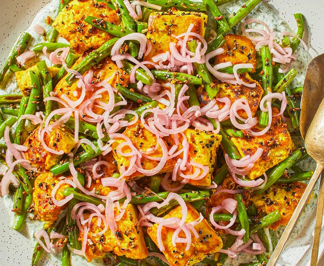 Seared Tofu with Panch Phoron, Green Beans, and Pickled Shallot