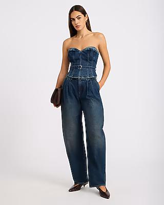 High Waisted Pleated Barrel Dark Wash Jeans