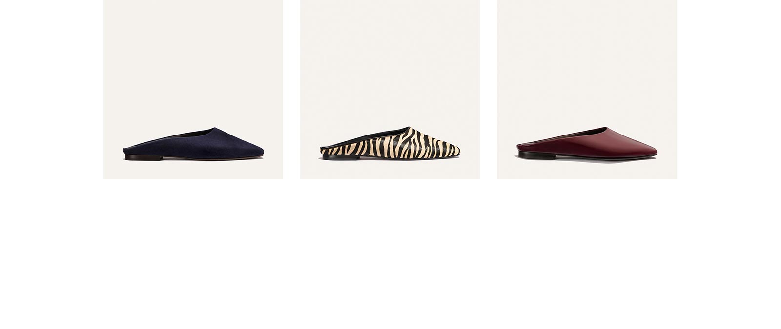 The Clara in Indigo Suede, Tan Zebra Haircalf, and Wine Calf