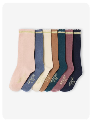 7er-Pack Kinder Socken mit Glitzerstreifen, gewellter Saum BASIC - pudrig rosa