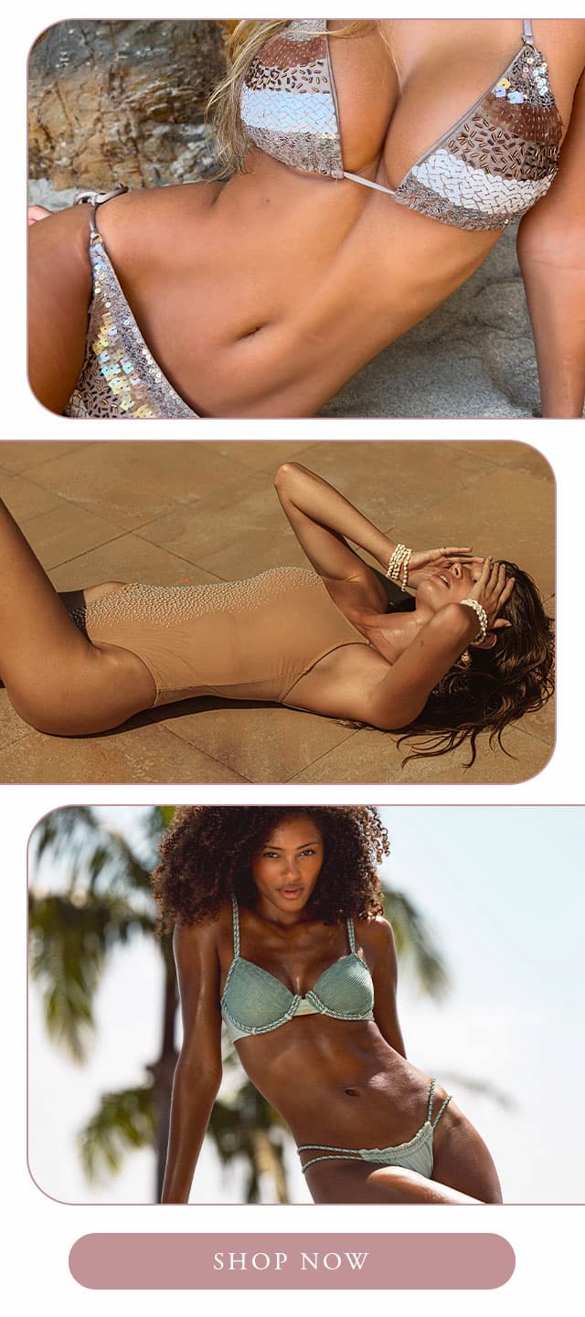 Collage of new bikinis featuring sequins and muted colors. Shop now. 