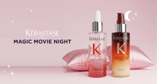 Banner Kérastase Magic Movie Night con sieri Genesis e Nutritive affiancati su sfondo rosa