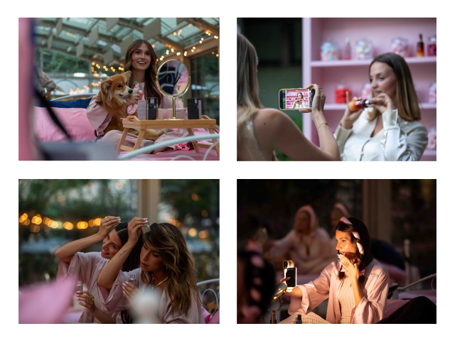 Collage di quattro immagini di un pigiama party beauty con prodotti Kérastase e momenti tra amiche