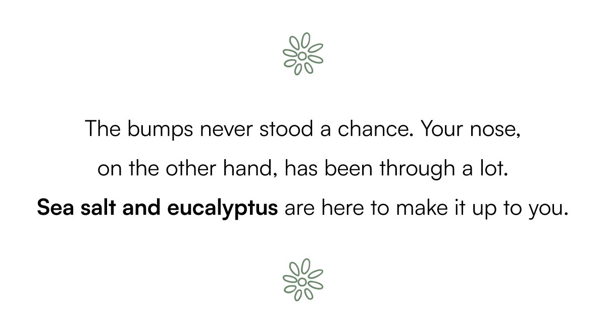 The bumps never stood a chance. Your nose, on the other hand, has been through a lot. Sea salt and eucalyptus are here to make it up to you.