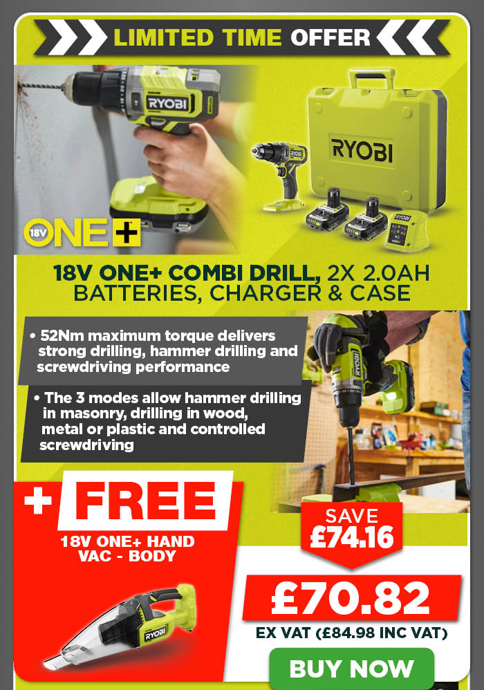Ryobi RPD18-2C20B 18V ONE+ Combi Drill, 2x 2.0Ah Batteries, Charger & Case