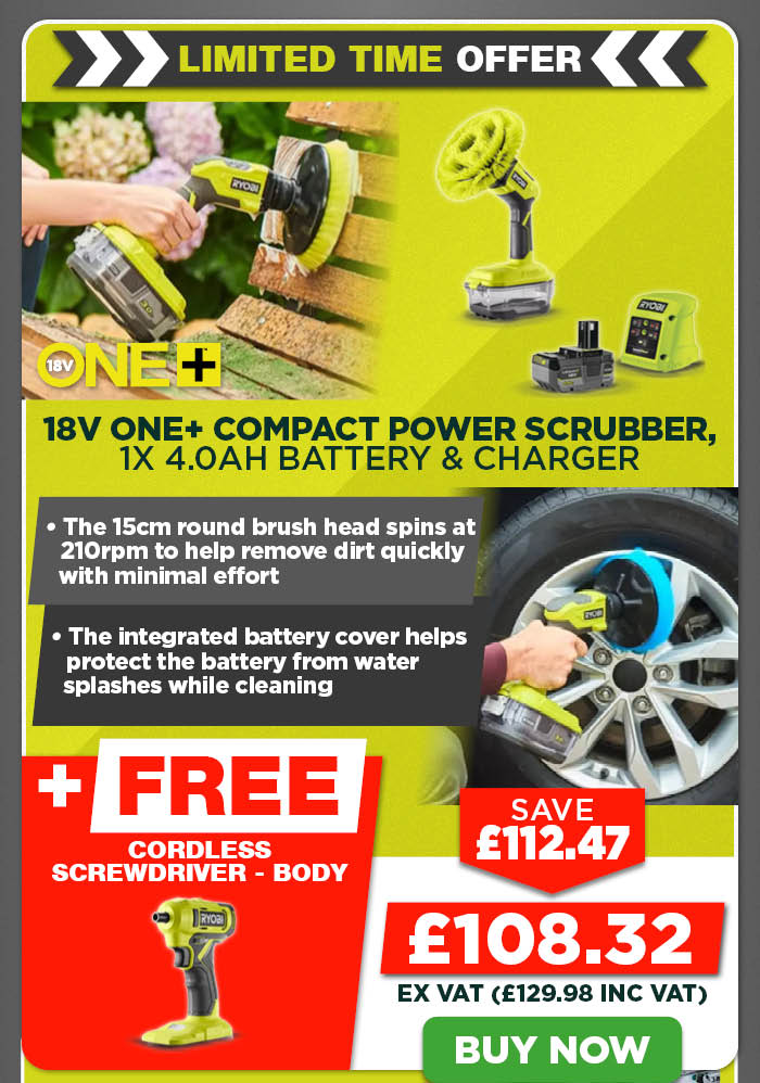 Ryobi R18CPS-0 18V ONE+ Compact Power Scrubber, 1x 4.0Ah Battery & Charger