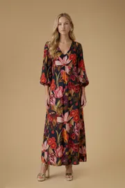 Volume Sleeve Printed Viscose Midaxi Dress