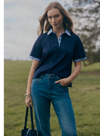 Splice Short Sleeve Polo Top in Midnight
