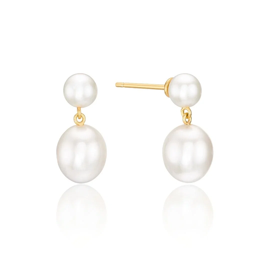 Image of Gold Double Pearl Drop Stud Earrings