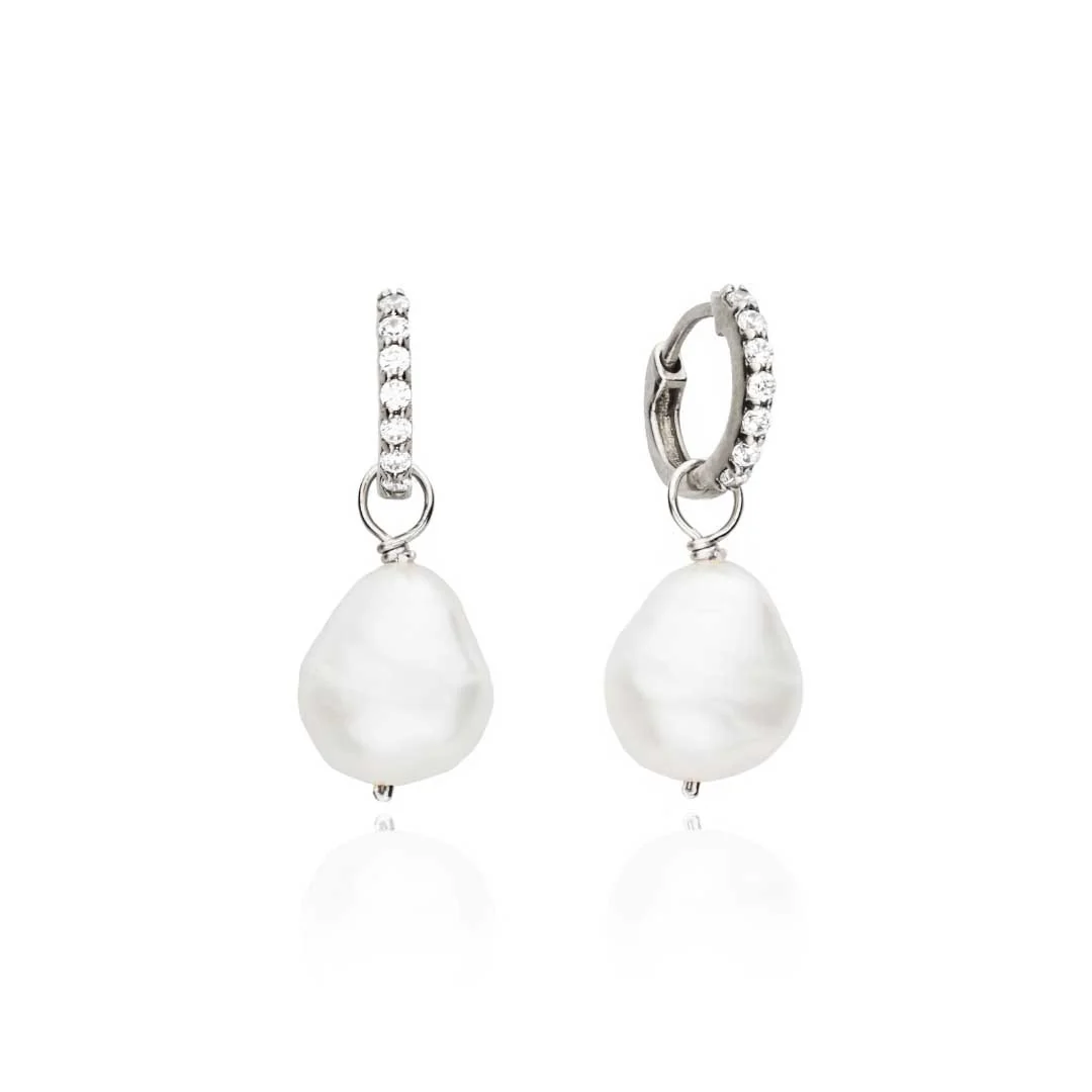 Image of Solid White Gold Genuine Diamond Huggie Pearl Drop Earrings