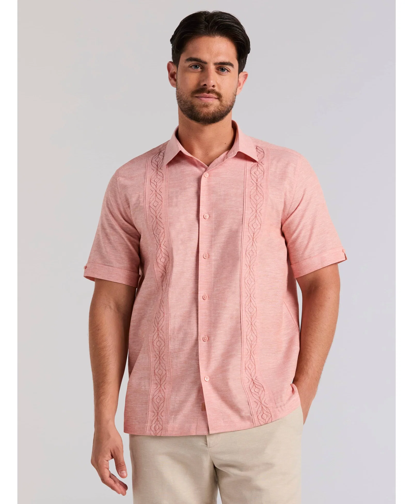 Image of Linen Blend Embroidered Tuck Shirt