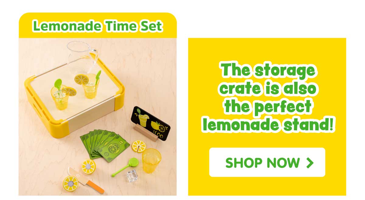 The storage crate is also the perfect lemonade stand! Pretendables Lemonade Time Set - Shop Now