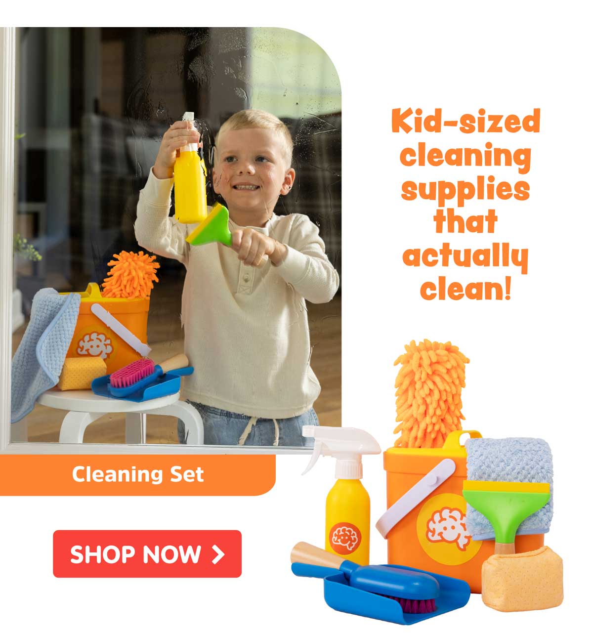 Kid-sized cleaning supplies that actually clean! Pretendables Cleaning Set - Shop Now