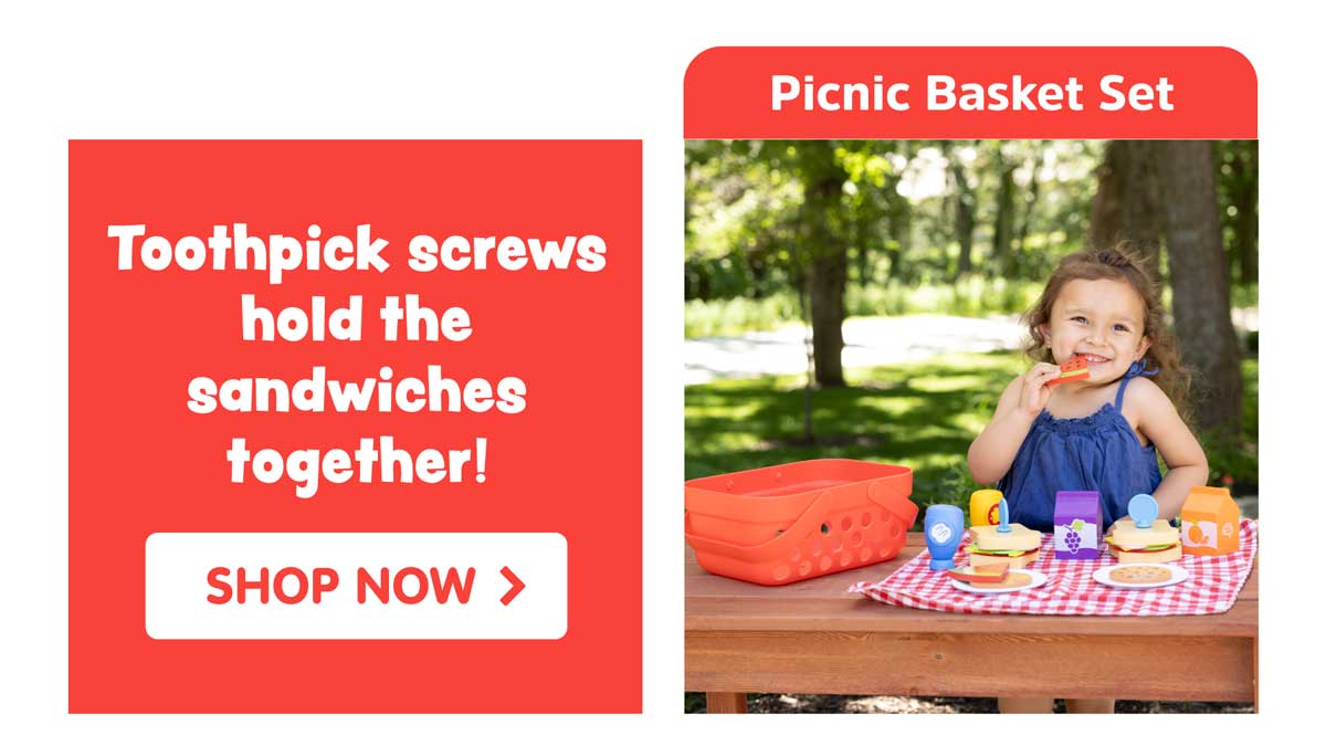Toothpick screws hold the sandwiches together! Pretendables Picnic Basket Set - Shop Now