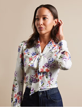 Cream & Red Floral Pussybow Blouse