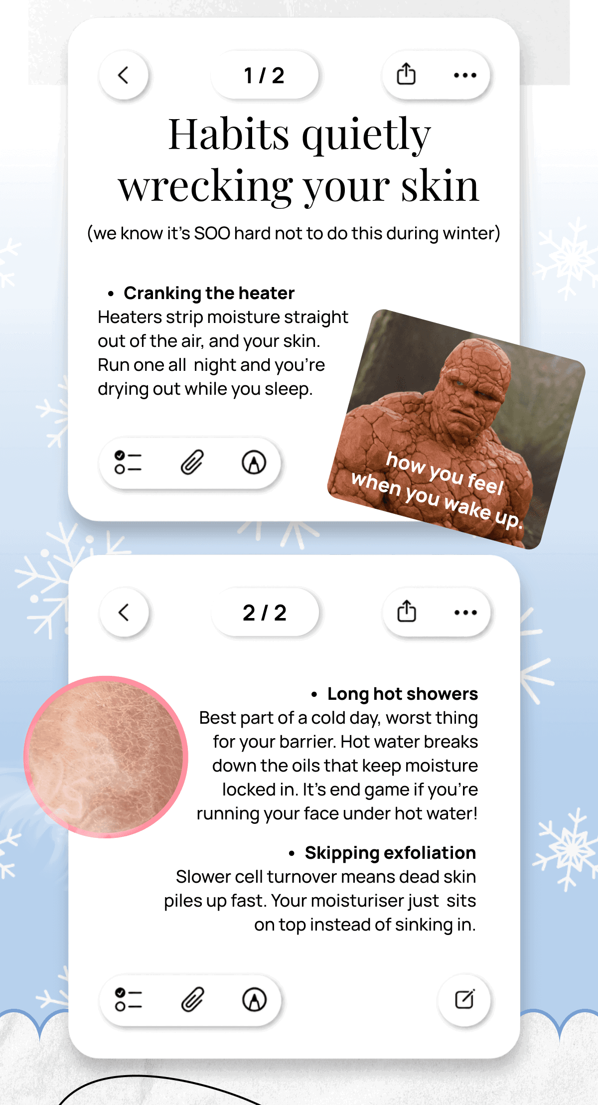 Two styled note cards listing winter habits that damage skin including heating and hot showers alongside a cracked skin meme