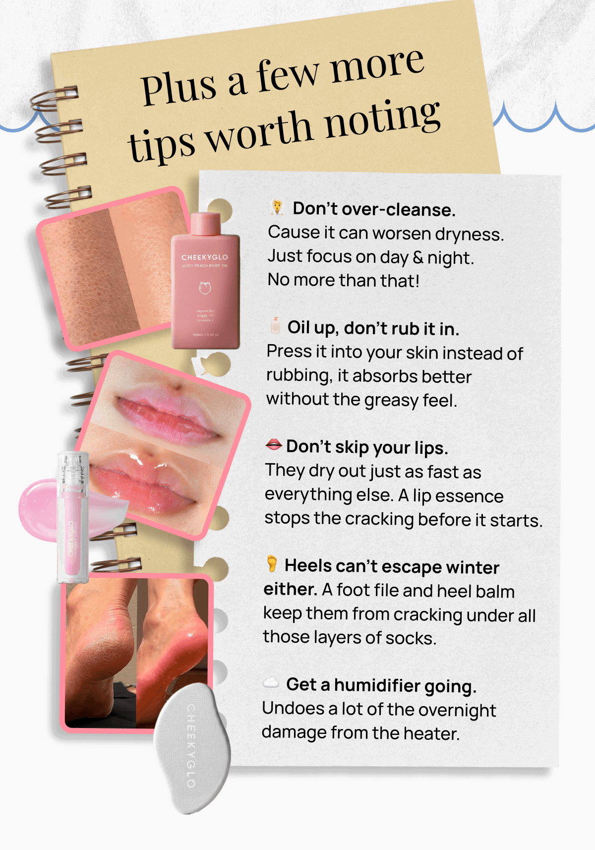 Notebook page with winter skin tips beside product images including body oil, lip gloss, and a glass foot file