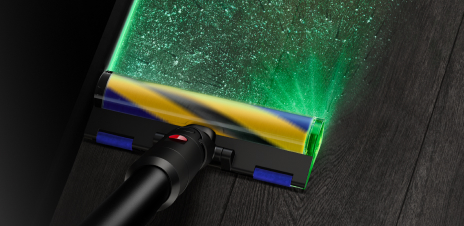 Dyson All Floor Cones Sense cleaner head illuminates hard to see dust on hard floors.